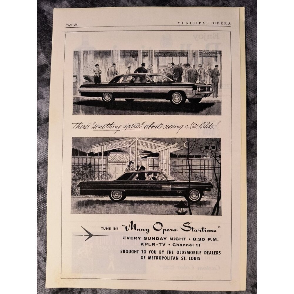 Vintage 1962 St. Louis Muny Opera Program Oldsmobile Ad & Ballantines Scotch Ad